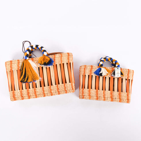 Handwoven Moroccan Reed Basket with Orange Stripe